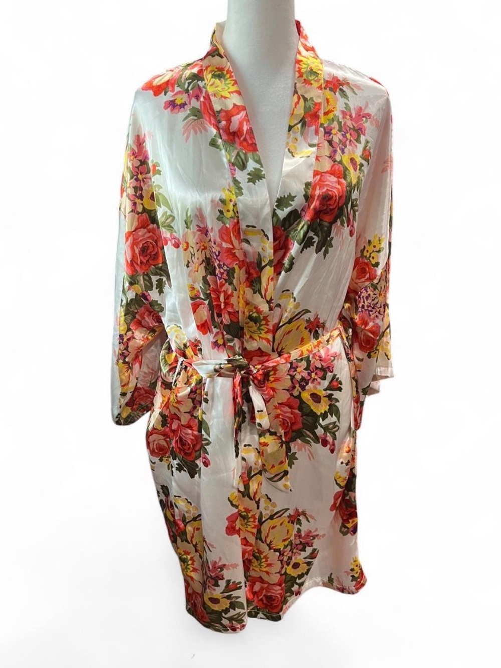 Floral Satin Kimono Robe - White with Multicolored Flowers